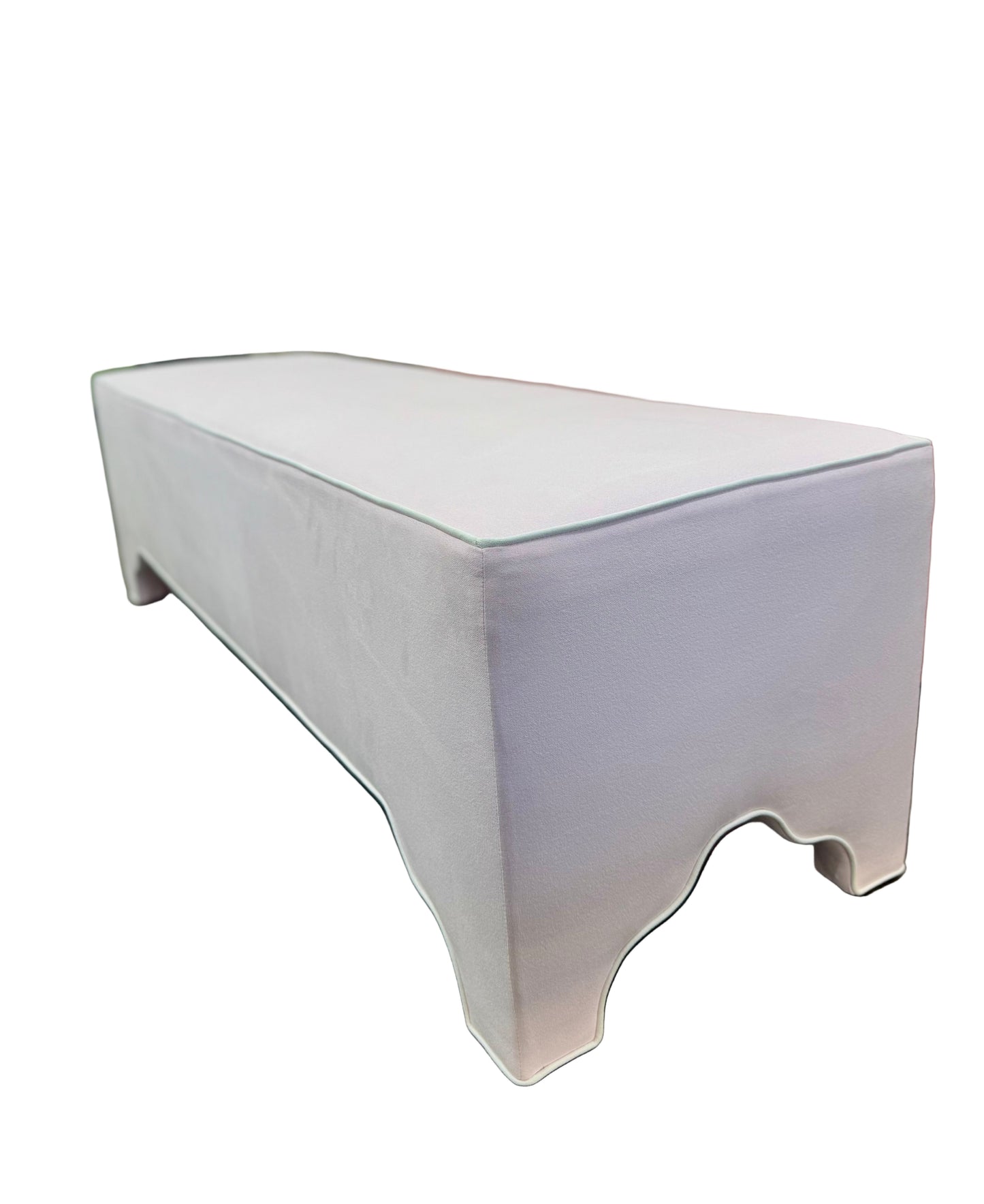 Custom Upholstered Bench in Powder Pink Woven Fabric