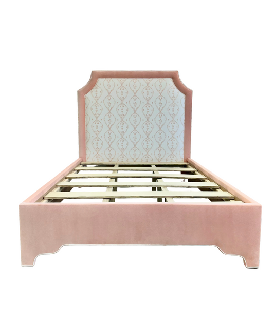 65”H Queen Upholstered Platform Bed - Flora Rust Linen Fabric - Velvet Contrast