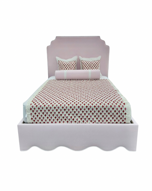 65" H Queen Upholstered Platform Bed - Scalloped Base - Powder Pink Woven Fabric with White Trim