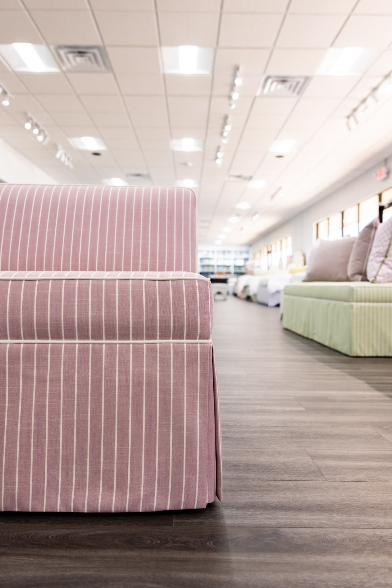 105"L Custom Scalloped Banquette - Lavender Striped Fabric, White Piping