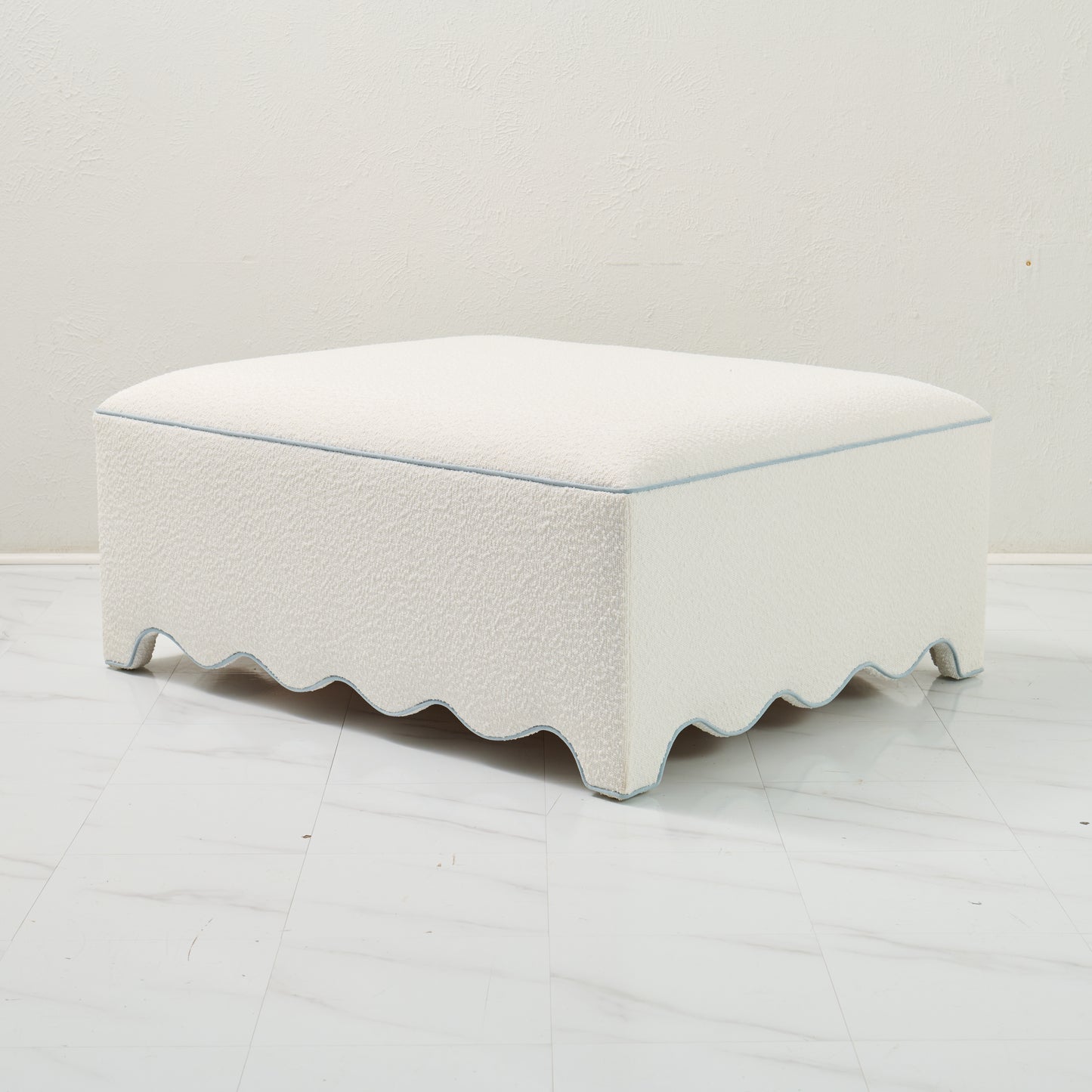 Scalloped Ottoman / Coffee table in White Boucle Fabric - Sky Blue Trim