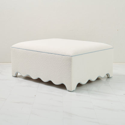 Scalloped Ottoman / Coffee table in White Boucle Fabric - Sky Blue Trim