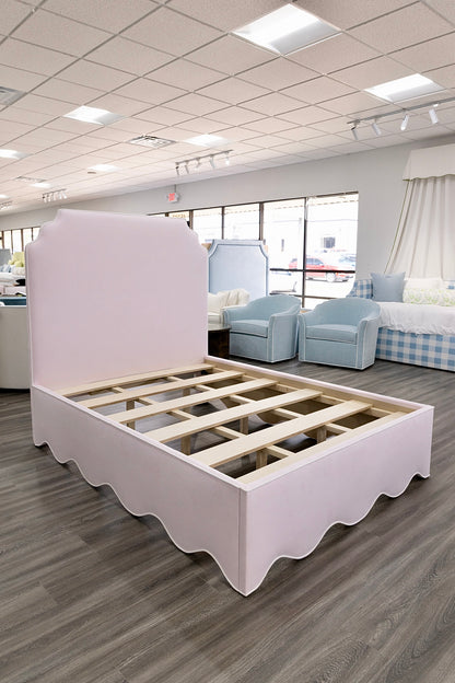 The Helena Queen Bed - Scalloped Base - Powder Pink Woven Fabric - White Trim