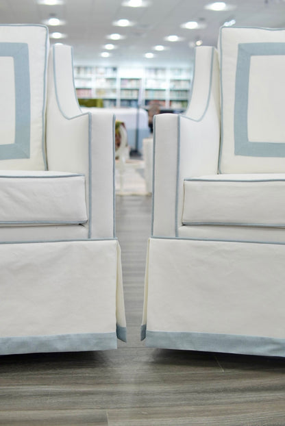 Custom Swivel Glider Chair – White Linen with Sky Blue Trim