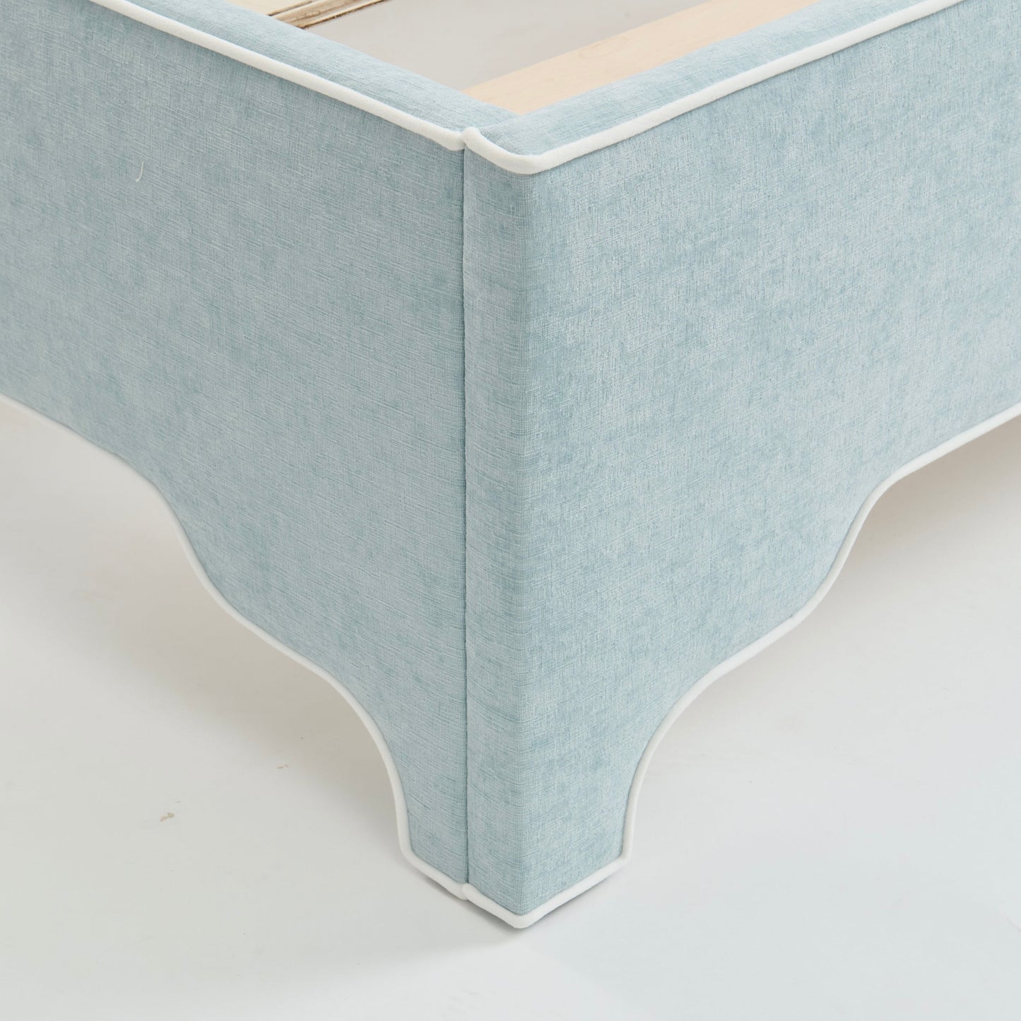 The Addison Queen Platform Bed - Scalloped Legs - Performance Chenille Fabric Seafoam Blue - White Trim