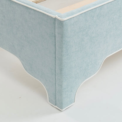 The Addison Queen Platform Bed - Scalloped Legs - Performance Chenille Fabric Seafoam Blue - White Trim
