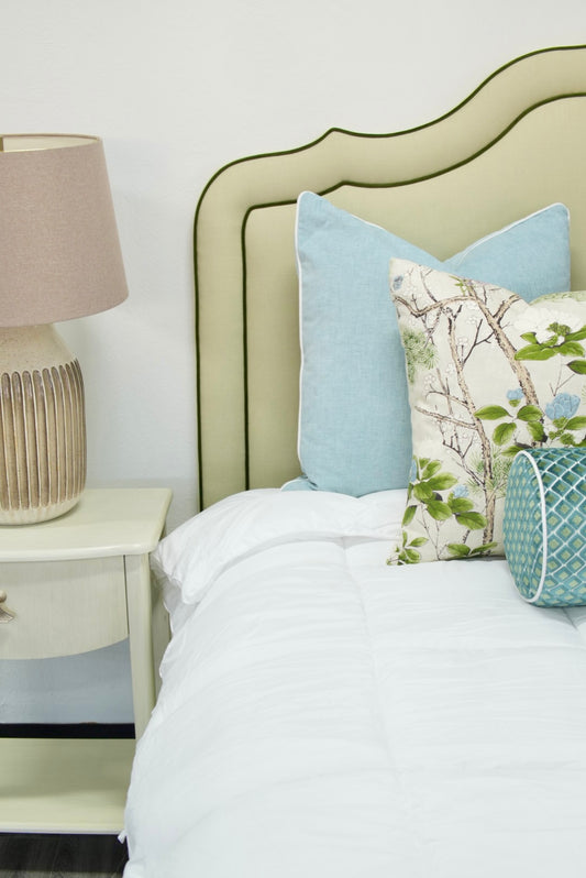 65"H King Bed  - Pale Sage Green Linen Fabric with Olive Green Velvet Trim