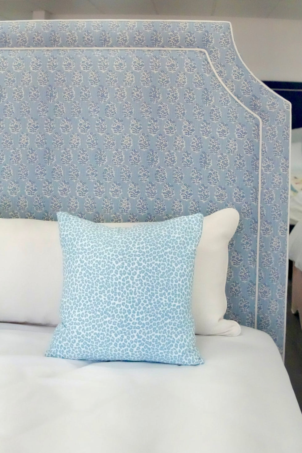 65”H Queen Platform Upholstered Bed - Perry Blue Polyester Fabric with White Trim