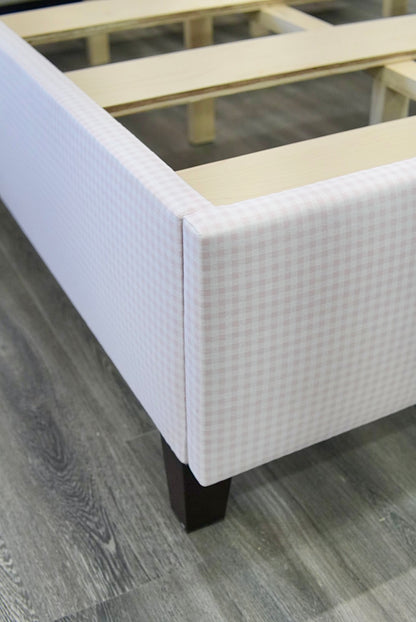 65" H Queen Upholstered Platform Bed - Brown Wooden Legs - Bella Pink Gingham Fabric with Pear Green Trim