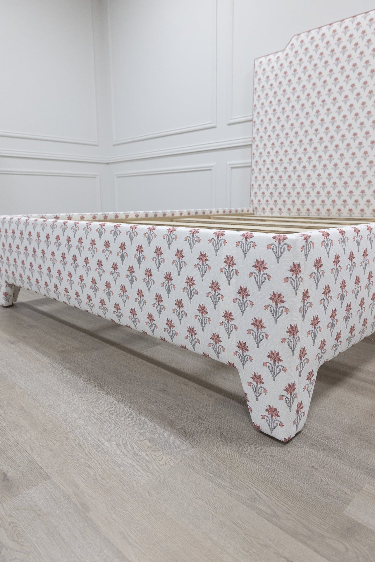 The Celeste Queen Bed - Pink Floral Linen Fabric - Petal Pink Trim