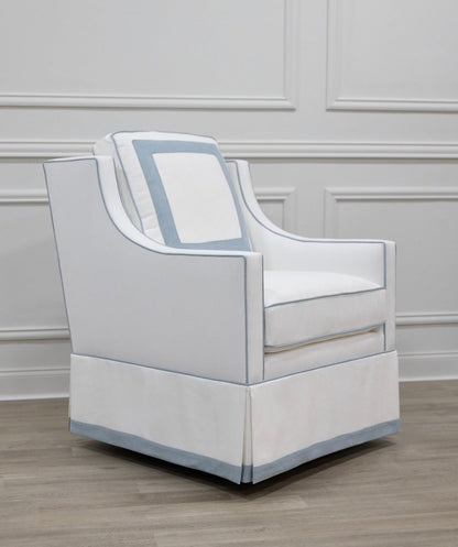 The Camille Glider Chair
– White Linen with Sky Blue Trim
