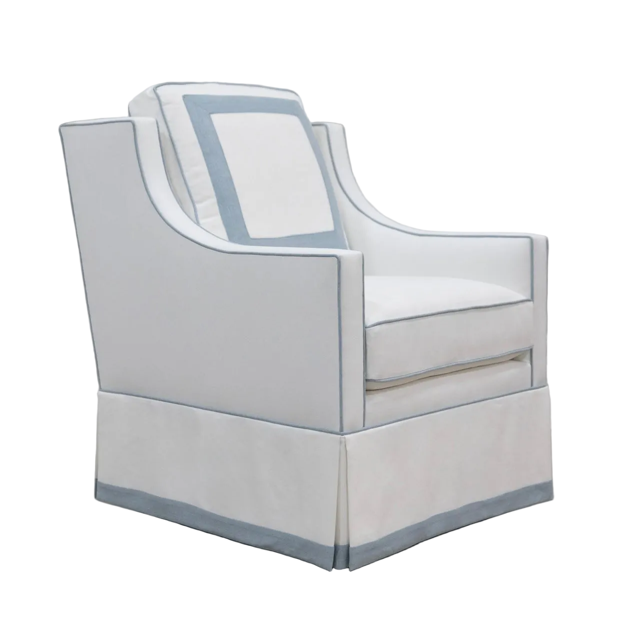 The Camille Glider Chair
– White Linen with Sky Blue Trim