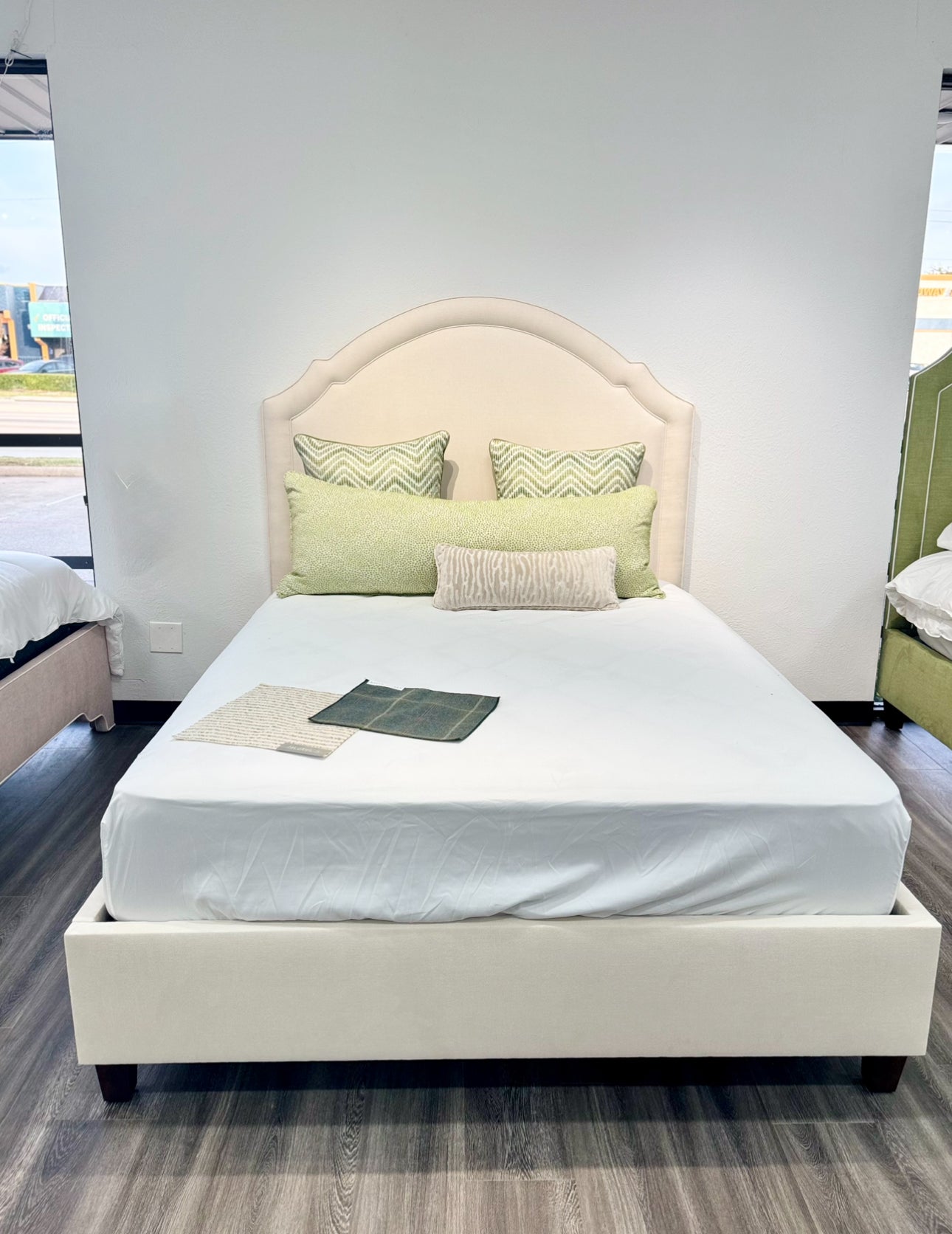 60" H Queen Upholstered Platform Bed - Brown Wooden Legs - Oatmeal Woven Fabric - Self Welted