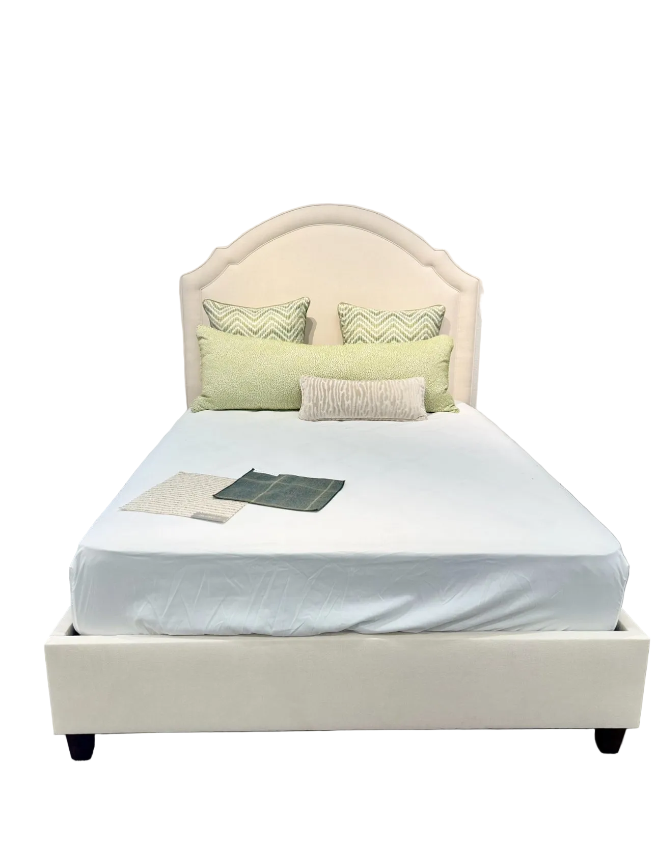 The Grace Queen Bed - Wooden Legs - Oatmeal Woven Fabric - Self Welted