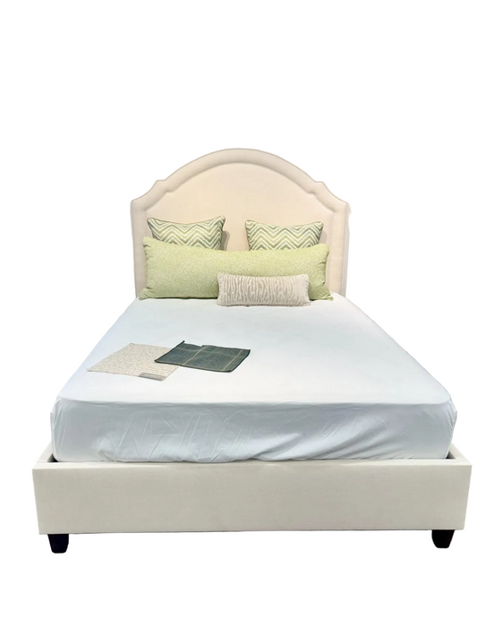 65" H Queen Upholstered Platform Bed - Brown Wooden Legs - Oatmeal Woven Fabric - Self Welted