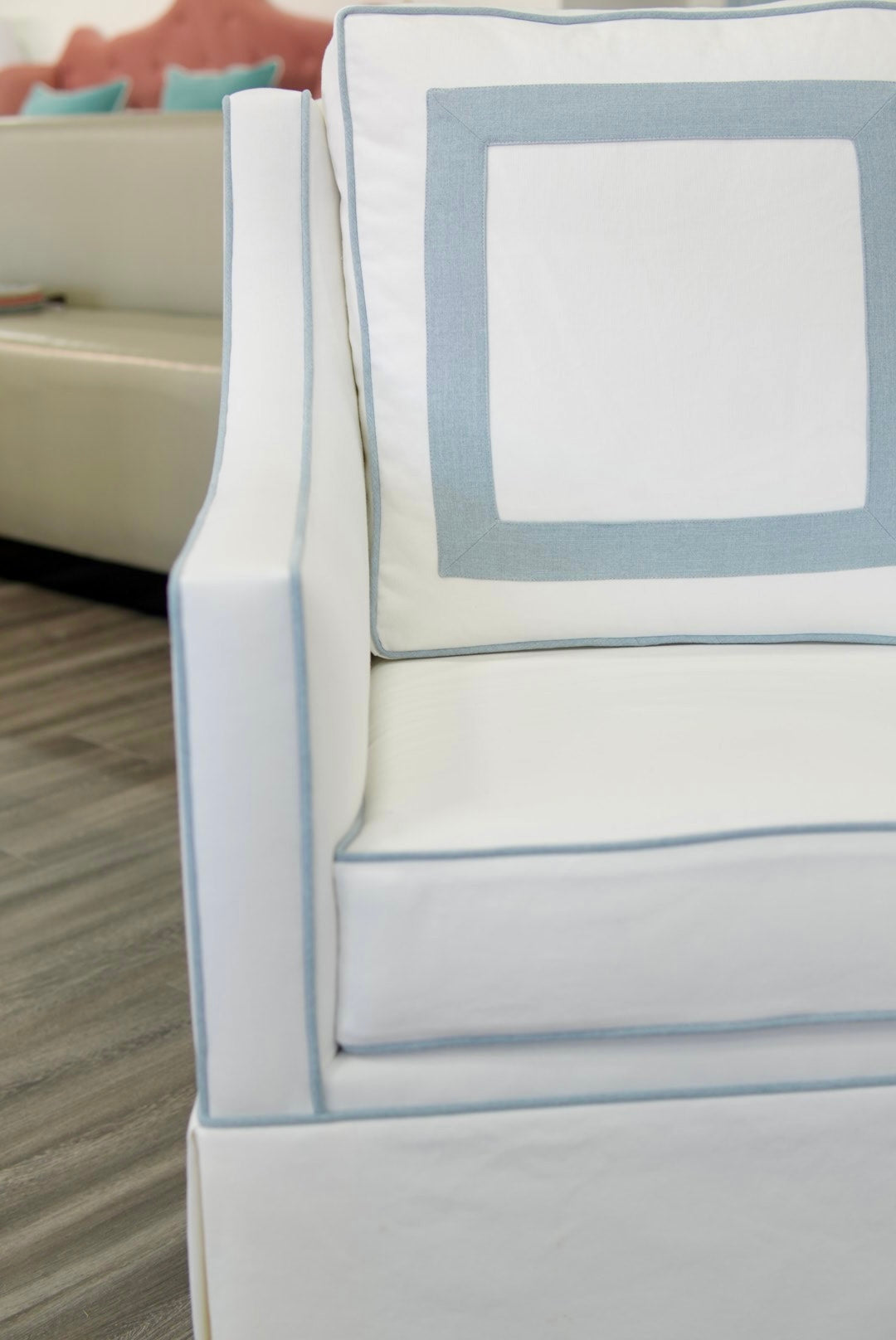 Custom Swivel Glider Chair – White Linen with Sky Blue Trim