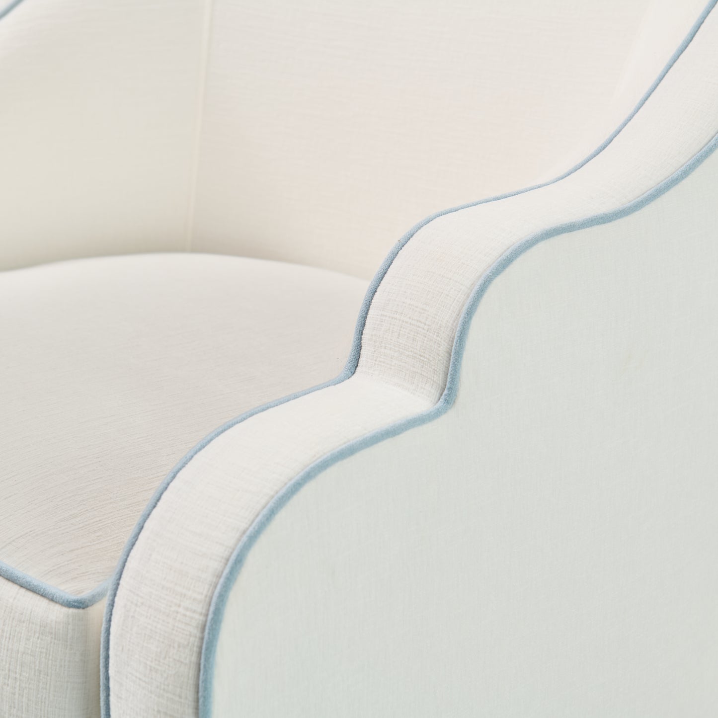 Custom Scalloped Swivel Chair: White Performance Fabric - Sky Blue Trim