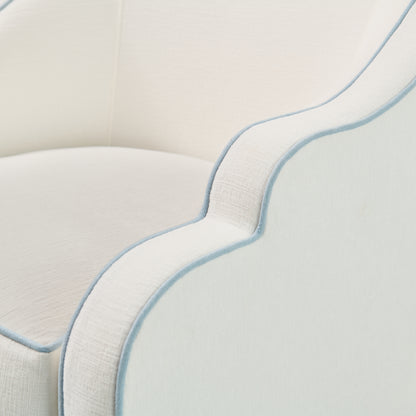 Custom Scalloped Swivel Chair: White Performance Fabric - Sky Blue Trim
