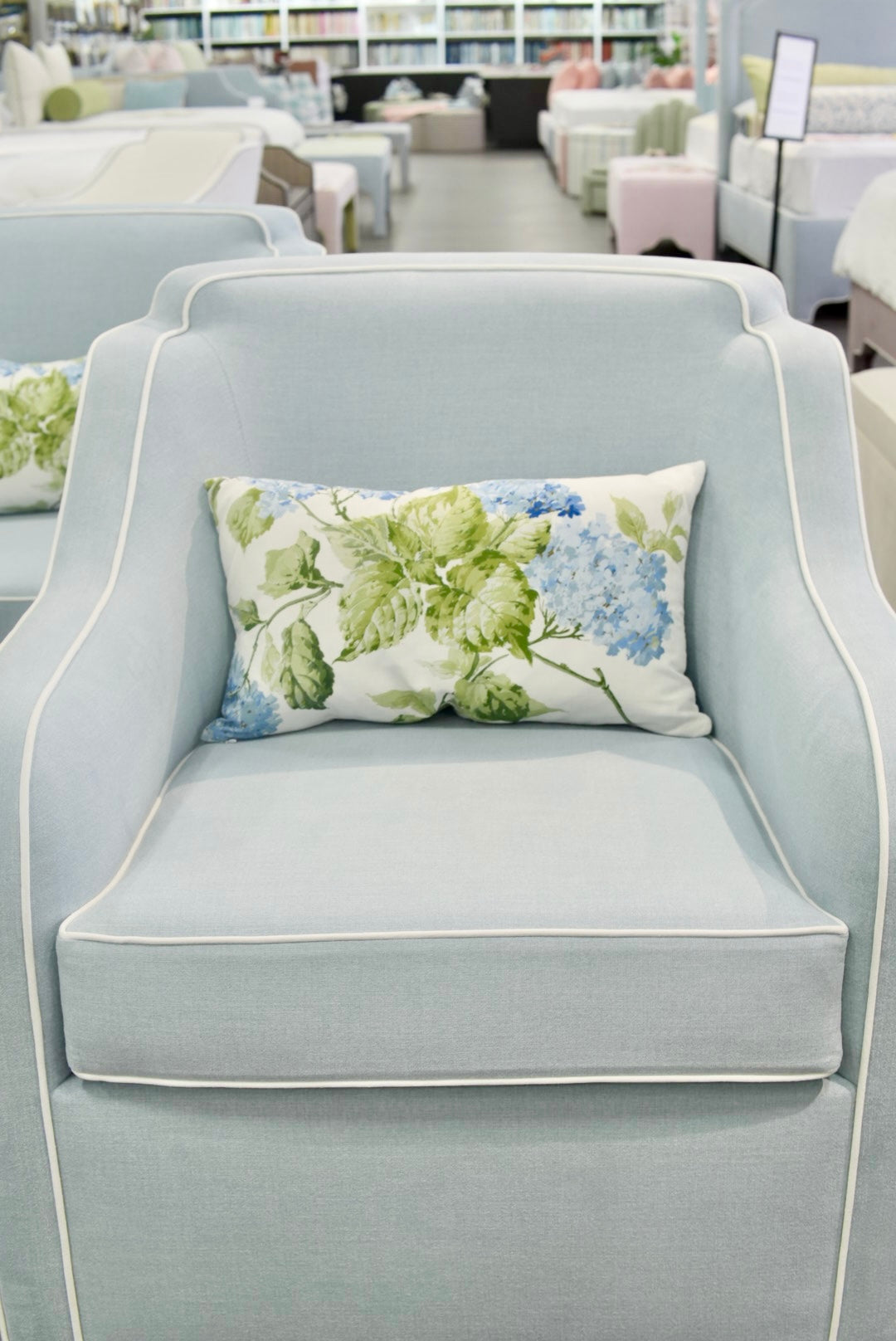 Custom Scalloped Swivel Chair: Sky Blue woven Fabric