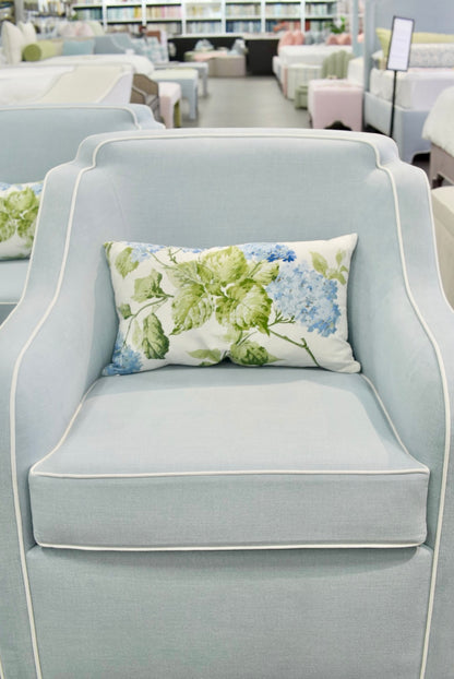 Custom Scalloped Swivel Chair: Sky Blue woven Fabric
