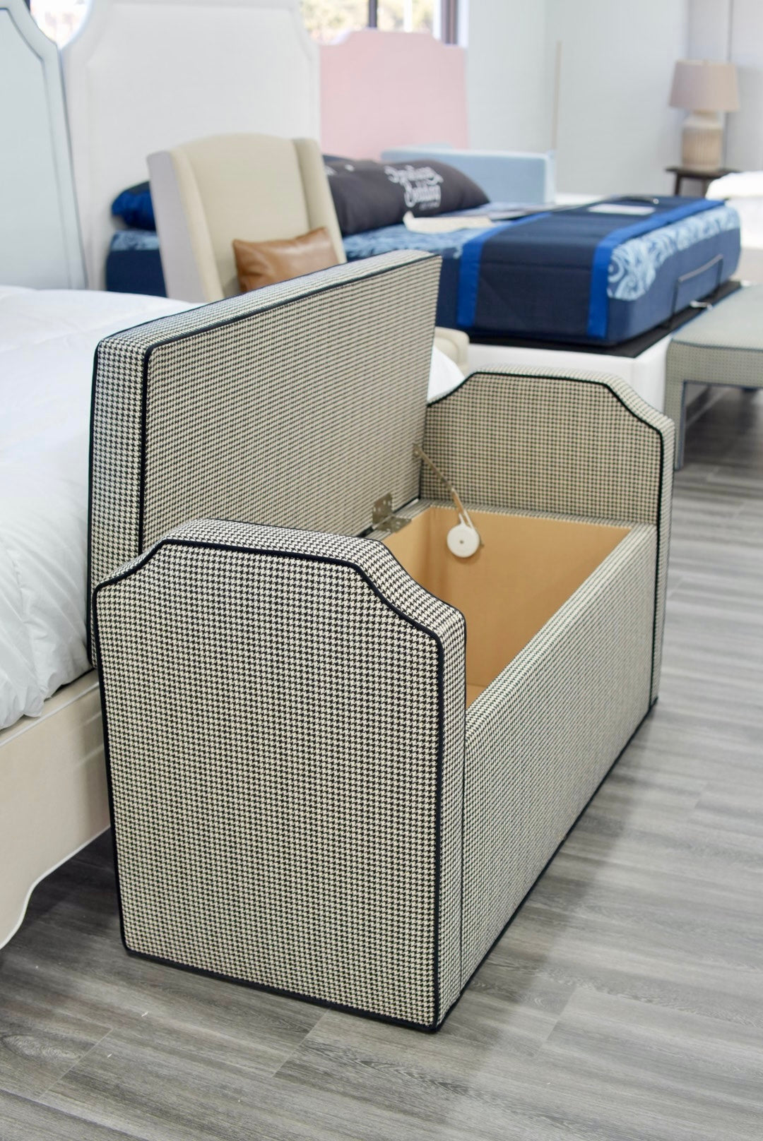 Milly Storage Bench – Houndstooth Fabric with Black Mohair Trim