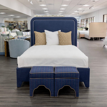 The Lorraine Queen Platform Bed in Navy Woven Fabric - White Trim