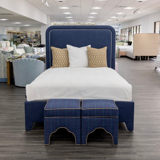 The Lorraine Queen Platform Bed in Navy Woven Fabric - White Trim