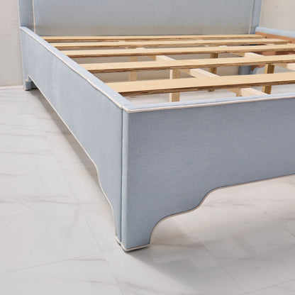 65" H King Platform Bed - Scalloped Legs - Sky Blue Woven Fabric with White Trim