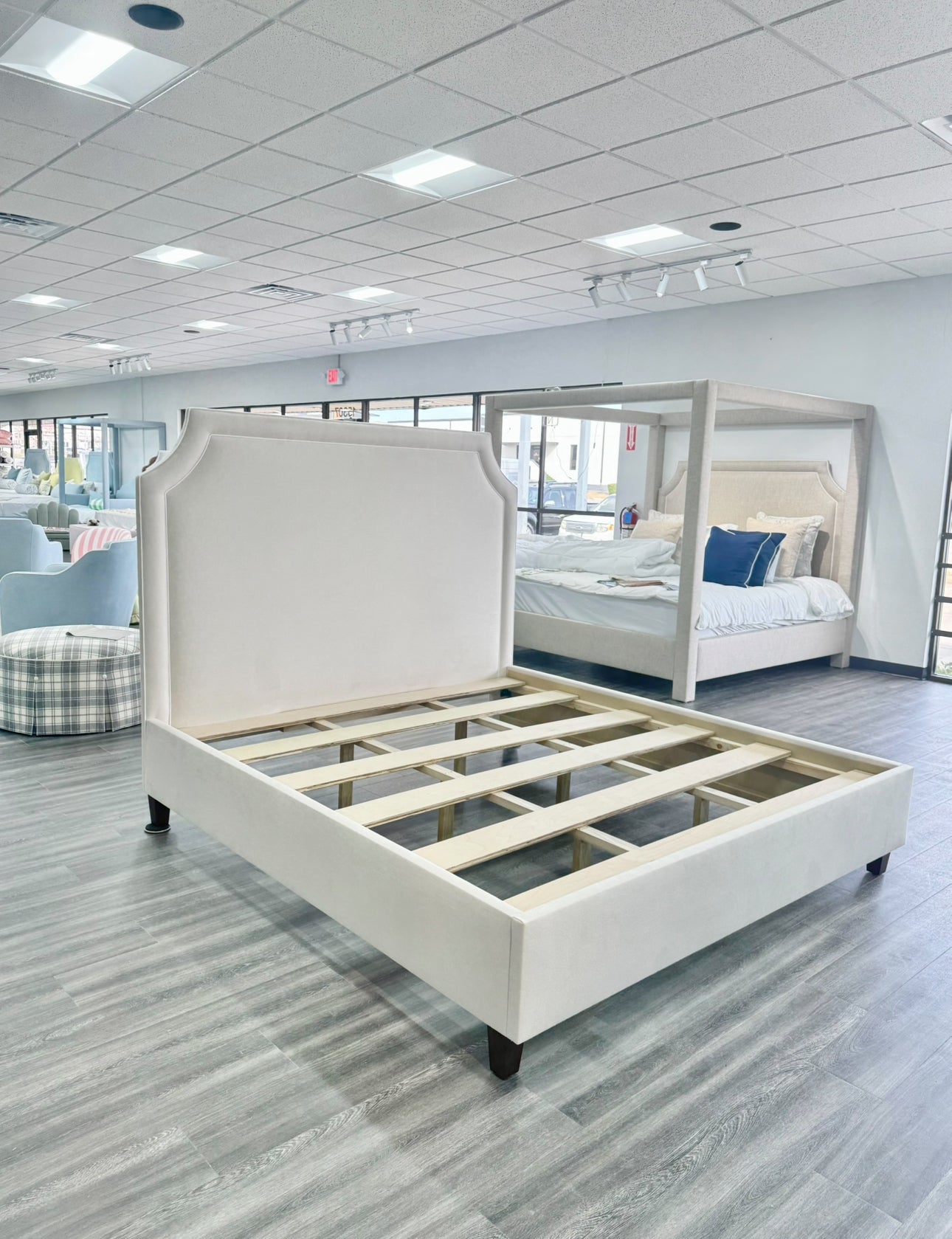 65" H King Platform Bed - Wooden Legs - Oatmeal Woven Fabric - White Welted