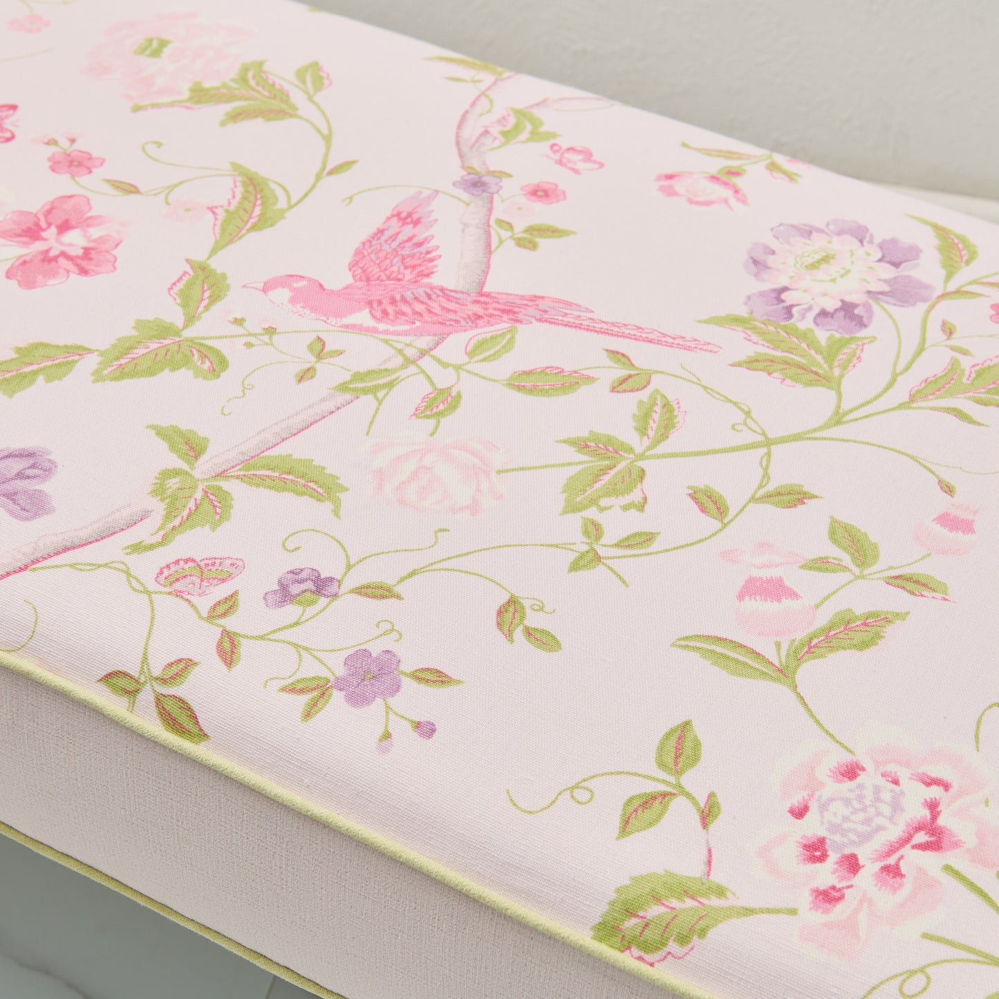 Custom Upholstered Bench in Floral Fabric - Pear Green Trim