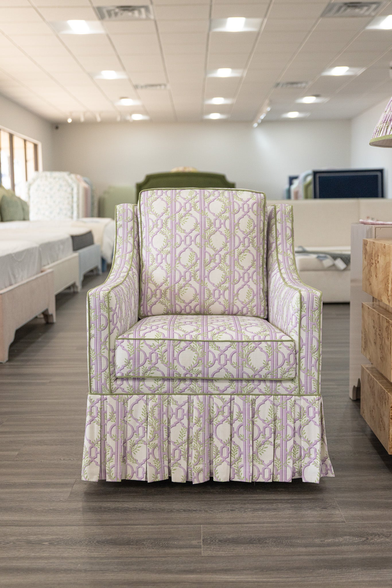 The Camille Glider Chair – Colette  Lavender Fabric - Pistachio Green Trim