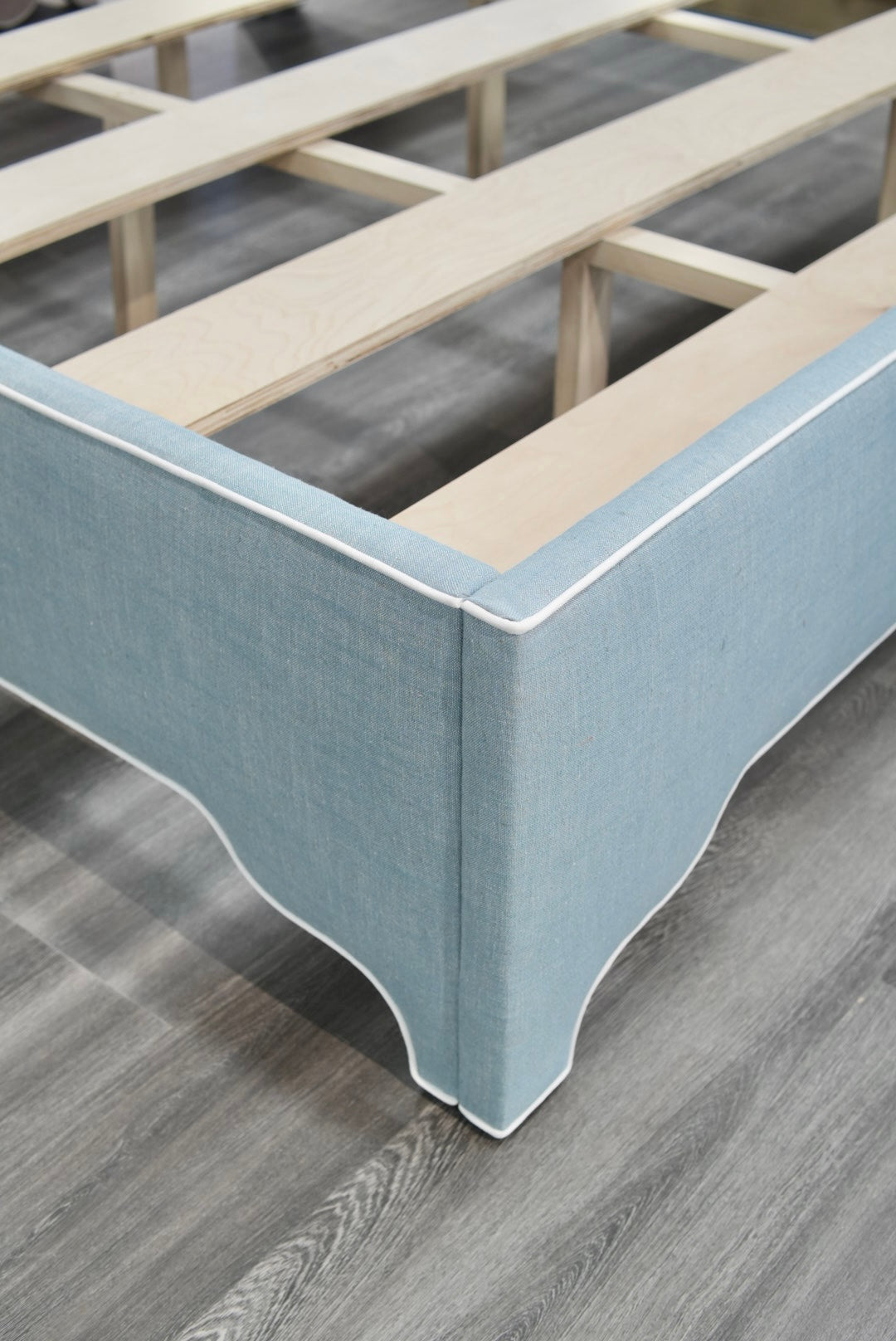 65"H King Bed - Glacier Blue Linen Fabric with White Trim