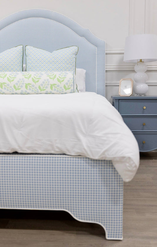 The Grace Queen Bed - Blue Gingham Fabric - White Trim