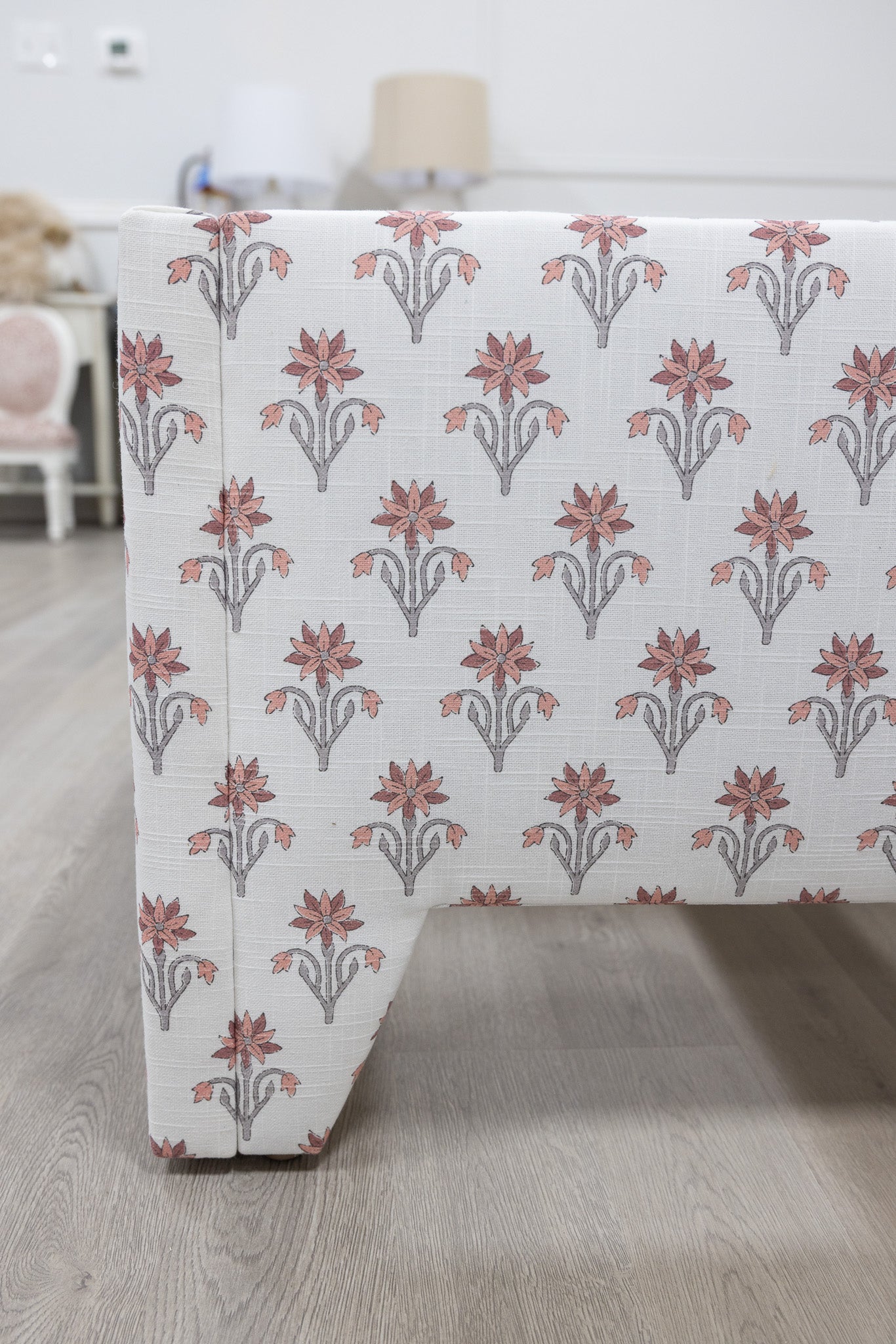 The Celeste Queen Bed - Pink Floral Linen Fabric - Petal Pink Trim
