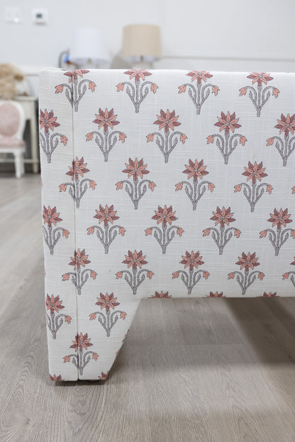 The Celeste Queen Bed - Pink Floral Linen Fabric - Petal Pink Trim
