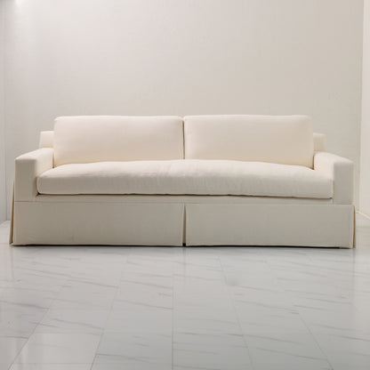 Luxe Feather-Seat Skirted Sofa in Upholstery Linen Fabric – Custom Built