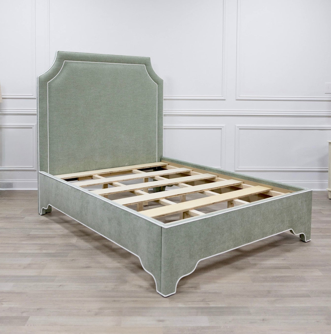 The Addison Queen Upholstered Platform Bed - Crypton Sage Linen Look Fabric - White Trim
