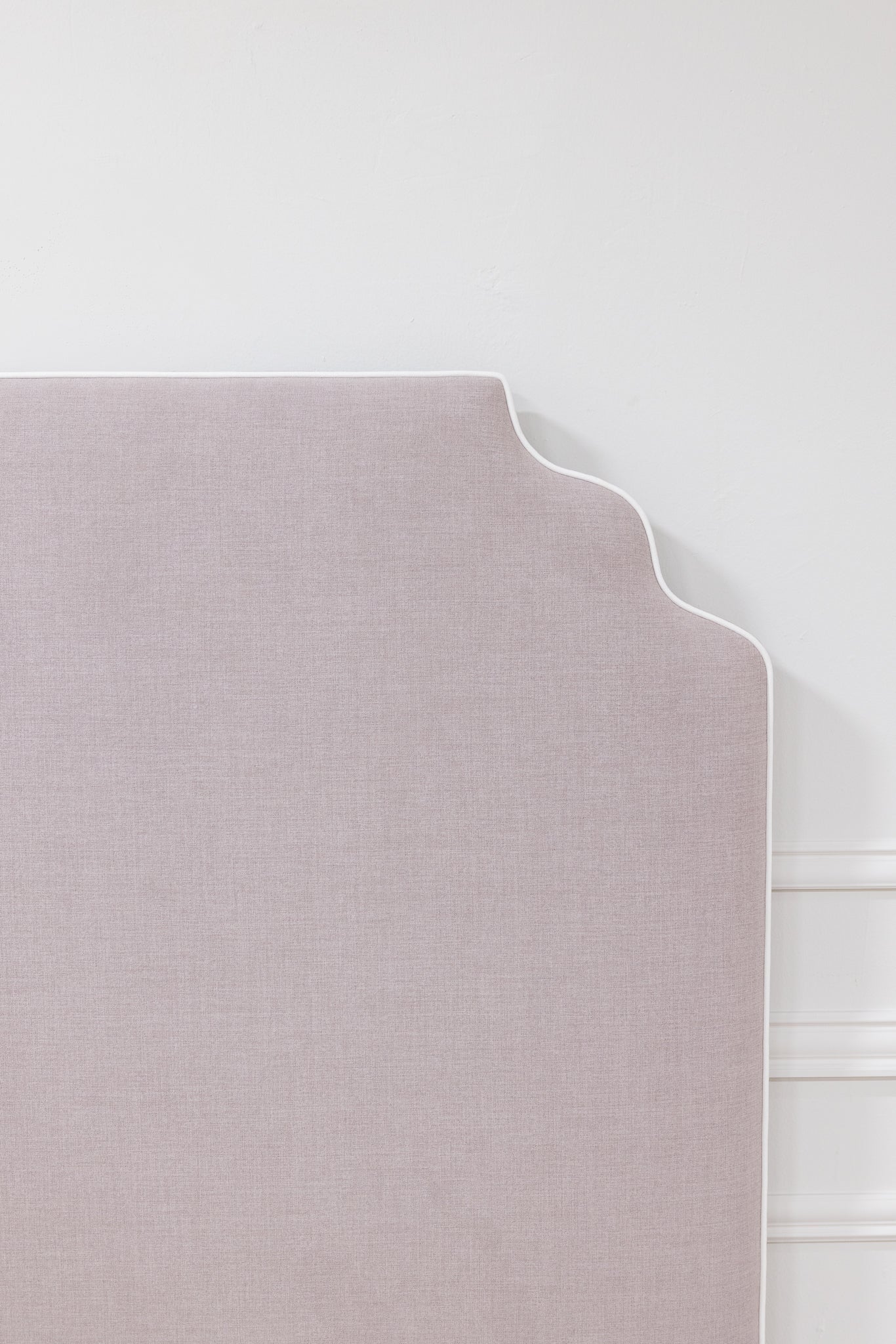 The Helena Queen Bed - Scalloped Base - Lilac Woven Fabric - White Trim