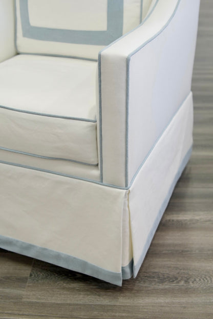 Custom Swivel Glider Chair – White Linen with Sky Blue Trim