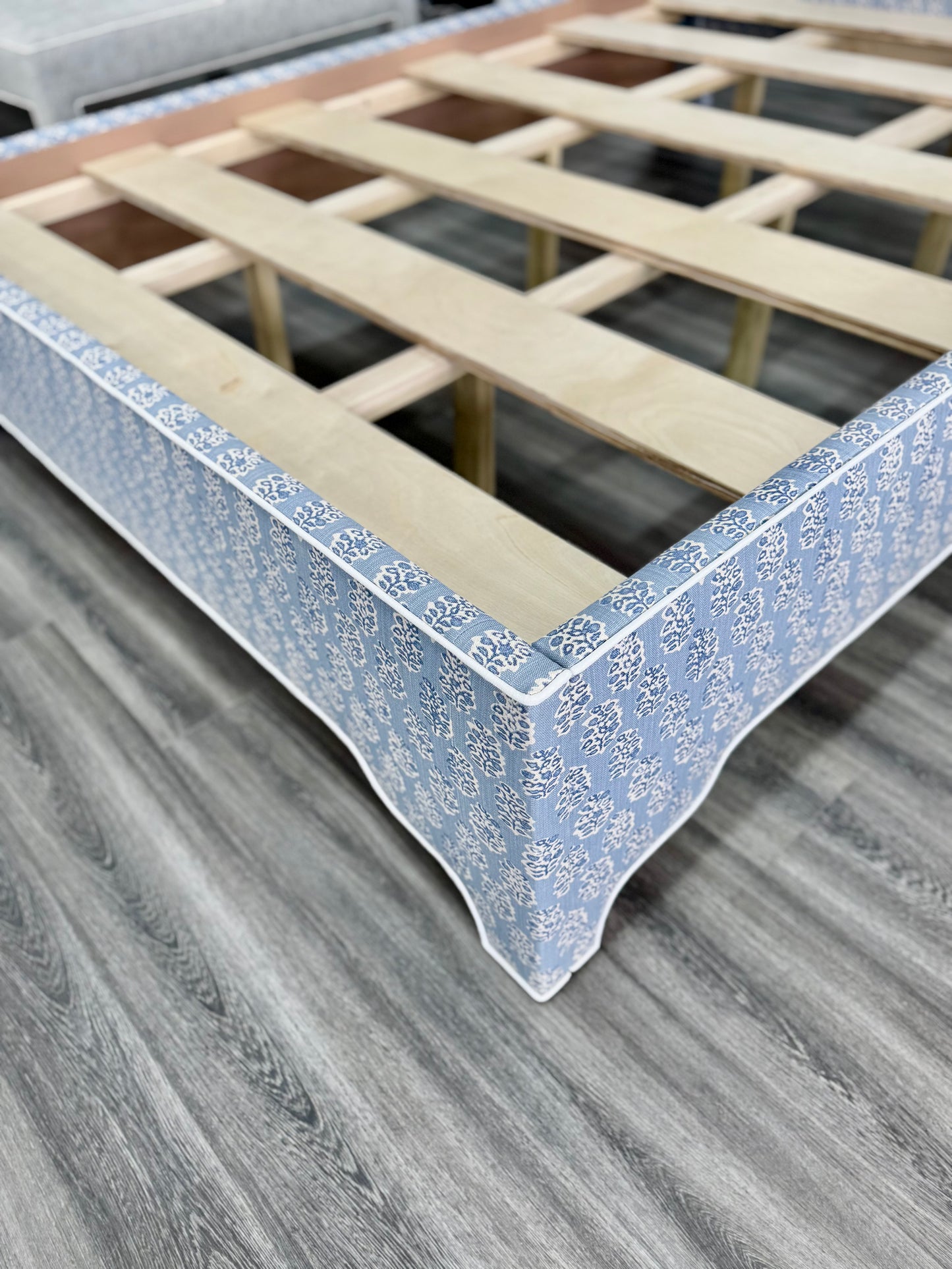 65”H Queen Platform Upholstered Bed - Perry Blue Polyester Fabric with White Trim