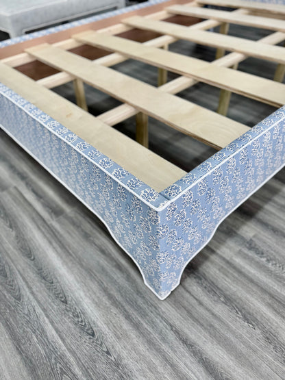 65”H Queen Platform Upholstered Bed - Perry Blue Polyester Fabric with White Trim