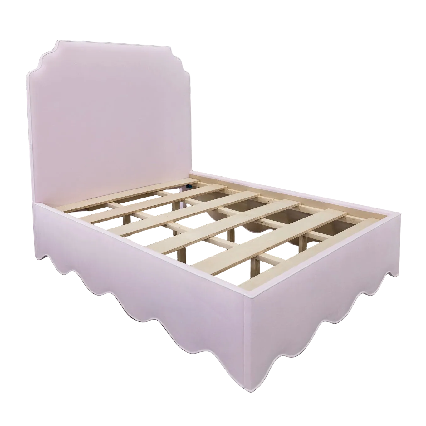 The Helena Queen Bed - Scalloped Base - Powder Pink Woven Fabric - White Trim