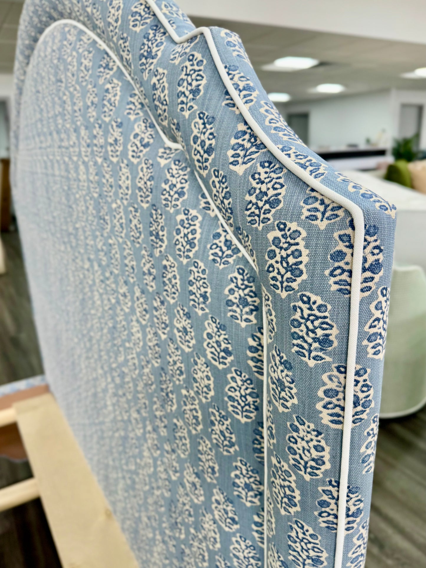 65”H Queen Platform Upholstered Bed - Perry Blue Polyester Fabric with White Trim