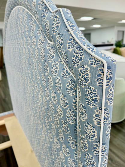 65”H Queen Platform Upholstered Bed - Perry Blue Polyester Fabric with White Trim