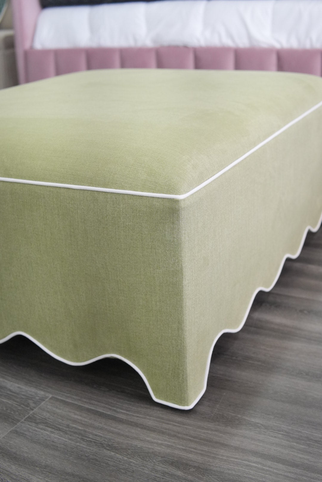 Scalloped Ottoman / Coffee table in Pistachio Green Woven Fabric - White Trim