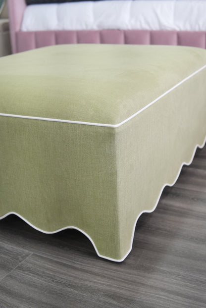 Scalloped Ottoman / Coffee table in Pistachio Green Woven Fabric - White Trim