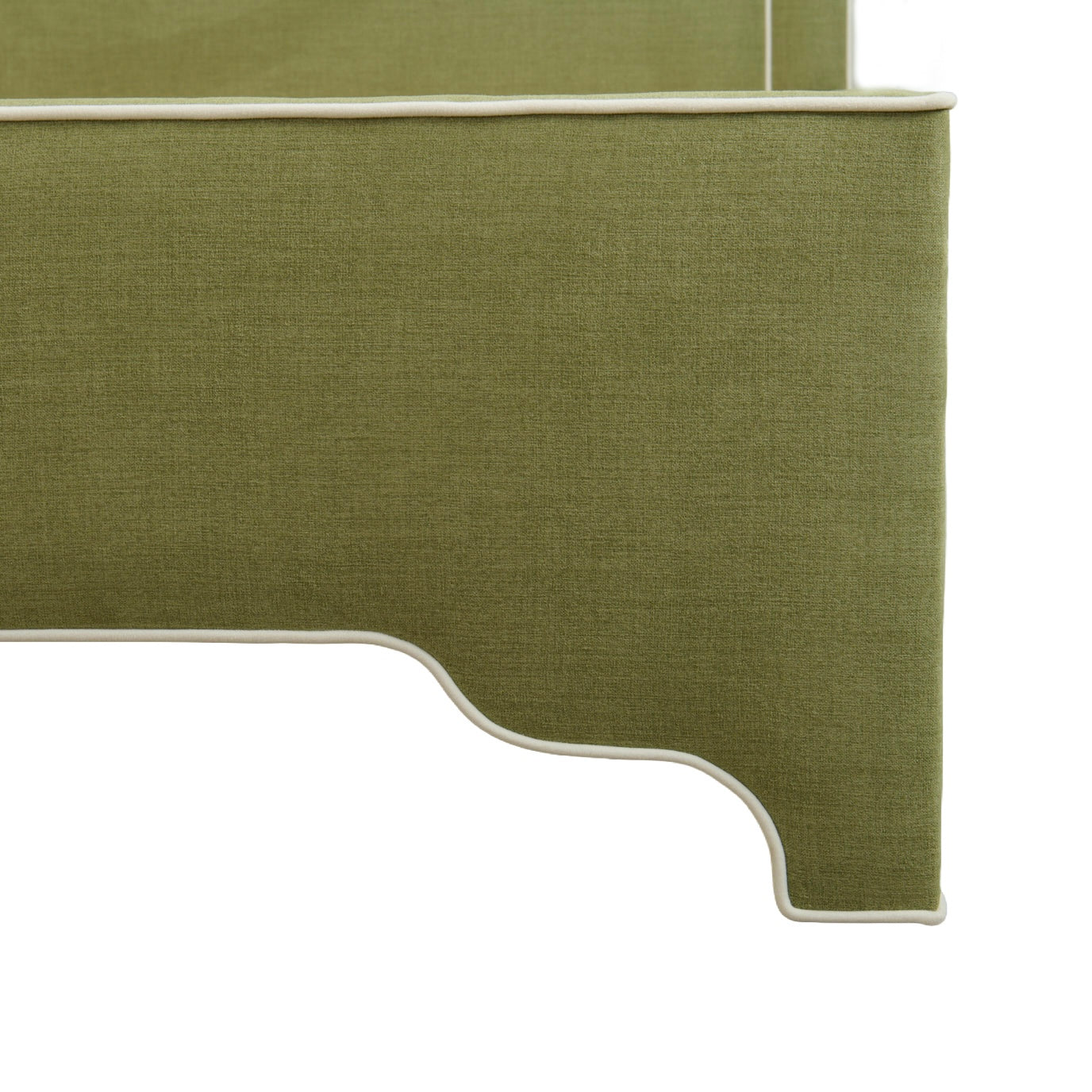 The Addison King Bed - Scalloped Legs - Pistachio Green Woven Fabric - White Trim