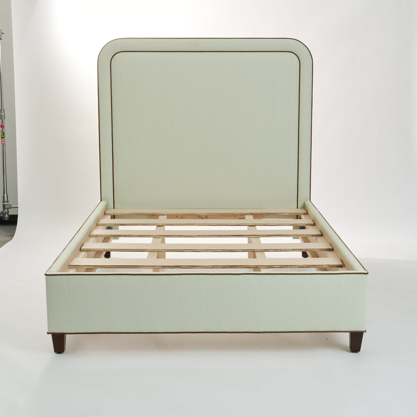 The Lorraine Queen Platform Bed - Striped Green & White Fabric - Leather Trim