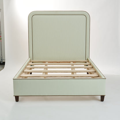 The Lorraine Queen Platform Bed - Striped Green & White Fabric - Leather Trim