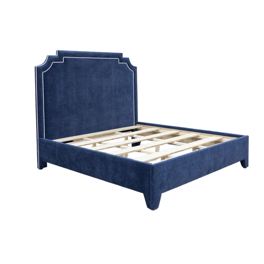 65"H Martha King Platform Bed - Upholstered Legs - Crypton Navy Blue Fabric - White Trim